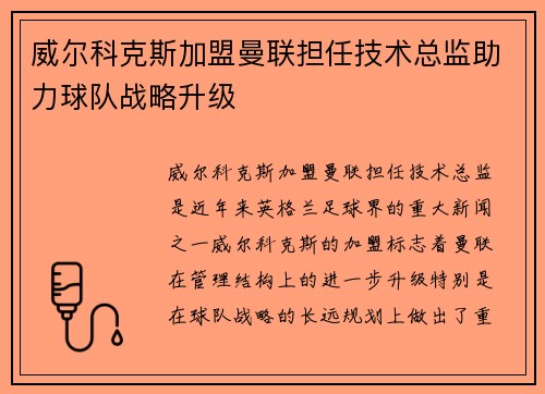 威尔科克斯加盟曼联担任技术总监助力球队战略升级 威尔科克斯加盟曼联担任技术总监助力球队战略升级