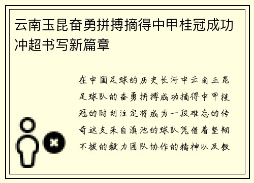 云南玉昆奋勇拼搏摘得中甲桂冠成功冲超书写新篇章 云南玉昆奋勇拼搏摘得中甲桂冠成功冲超书写新篇章
